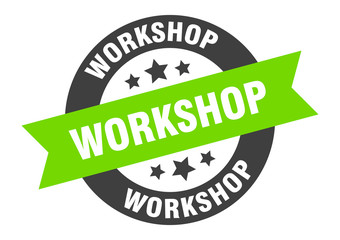 workshop sign. workshop black-green round ribbon sticker