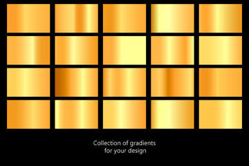 Collection of gold gradient backgrounds. Set of golden metallic textures. Vector illustration