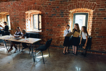 creative young business team working at modern office. Colleagues talking with each other.full length photo