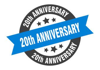 20th anniversary sign. 20th anniversary blue-black round ribbon sticker