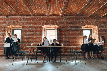 little business people preparing for a conference, meeting, full length photo. pastime, job, profession, occupation
