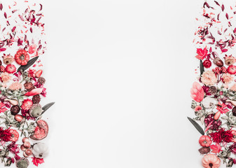 Autumn creative frame composition with fall arrangement of leaves, flowers, little pumpkins, nuts and decoration on white desk background. Top view. Flat lay. Pattern. Copy space for your design