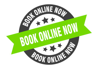 book online now sign. book online now black-green round ribbon sticker