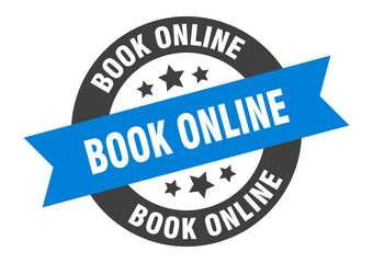 book online sign. book online blue-black round ribbon sticker
