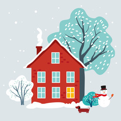 House in winter. Winter landscape with trees, snow, house, dog, snowflakes, snowman. Beautiful Christmas card. Vector illustration of winter.