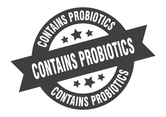 contains probiotics sign. contains probiotics black round ribbon sticker