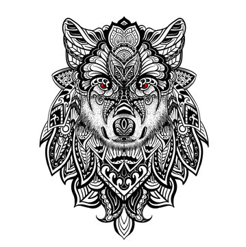 Coloring page with doodle style wolf head on the meadow in zentangle inspired style. Coloring book for adult and older children. Editable vector illustration.