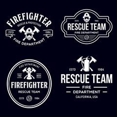 Set of firefighter volunteer, rescue team emblems, labels, badges and logos in monochrome style.