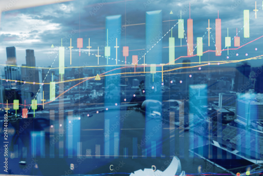 Poster candle stick graph chart with indicator: cryptocurrencies graphs trading including of up and down tr