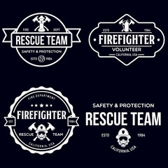 Set of firefighter volunteer, rescue team emblems, labels, badges and logos in monochrome style.