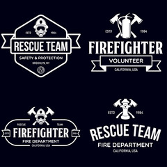 Set of firefighter volunteer, rescue team emblems, labels, badges and logos in monochrome style.