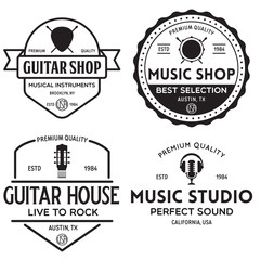 Set of vintage logo, badge, emblem for music shop, guitar shop. Music icons for audio store, branding or poster.