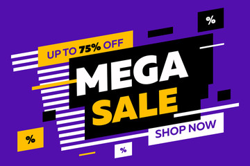 Abstract diagonal forms for sale flyers on violet background. Dynamic shapes and lines, Mega Sale, Shop now text. Vector illustration for advertising design, banner and poster templates