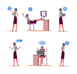Office worker business day set. Business woman meditating at workplace, using laptop, speaking, asking, having idea. Business concept. Vector illustration for posters, presentations, landing pages