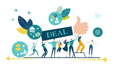 Making business together concept illustration. Business man hand showing success sign. Happy team supporting and working hard to develop and put in life the project. 