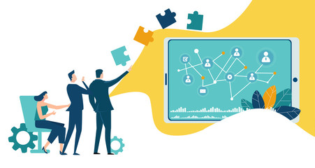 Business meeting and making agreements. Business people in office surrounded by communication icons.  Global business, logistics, developing and support concept illustration