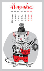 2020. Calendar. Mouse hand drawn illustration. New Year card.