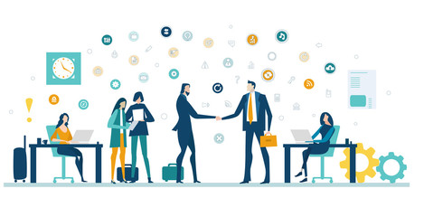Business meeting and making agreements. Business people in office surrounded by communication icons.  Global business, logistics, developing and support concept illustration