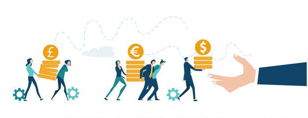 Business people caring coins to the bank. Saving strategy. Future needs, loan, education or mortgage credit, savings, financial risk and safety concept. Working together, Making money. 