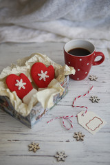 Christmas card red cup cocoa mittens snowflakes