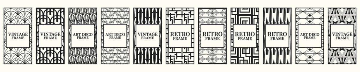 Black frames set on a white background. Retro frame with luxury ornament. Vintage decorative borders in art deco style. Vector illustration
