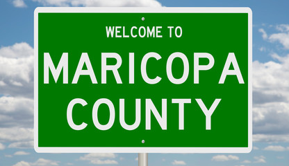 A 3d rendering of a green highway sign for Maricopa County Arizona