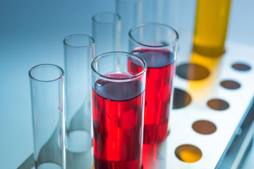 Science chemical tubes with colorful liquid. Medical laboratory research background. pharmacology and biotechnology concept. Copy space for texting.