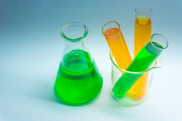 Science chemical tubes with colorful liquid. Medical laboratory research background. pharmacology and biotechnology concept. Copy space for texting.