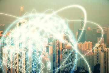 Double exposure of business theme hologram drawing and city veiw background. Concept of success.