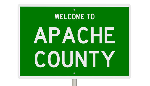 A 3d rendering of a green highway sign for Apache County Arizona