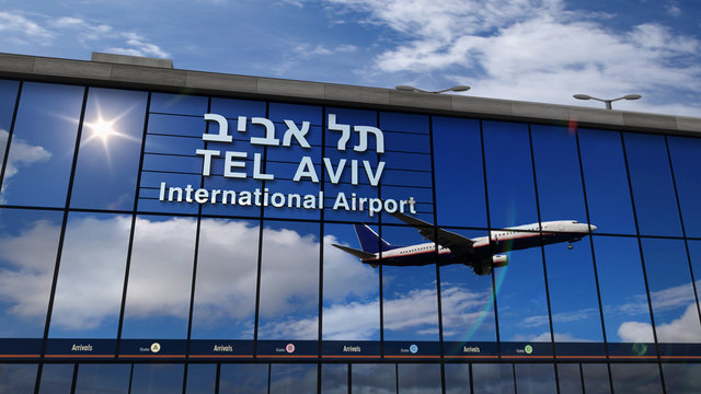 Airplane landing at Tel Aviv mirrored in terminal