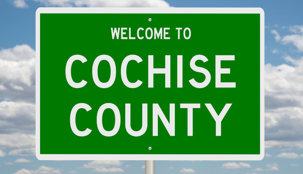 A 3d rendering of a green highway sign for Cochise County Arizona