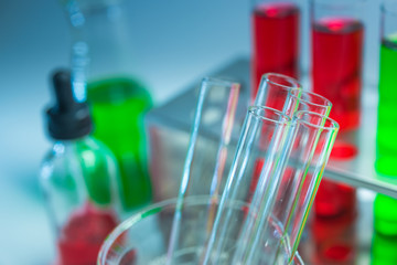 Science chemical tubes with colorful liquid. Medical laboratory research background. pharmacology and biotechnology concept. Copy space for texting.