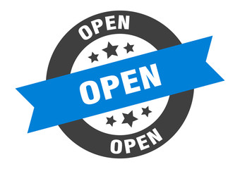 open sign. open blue-black round ribbon sticker