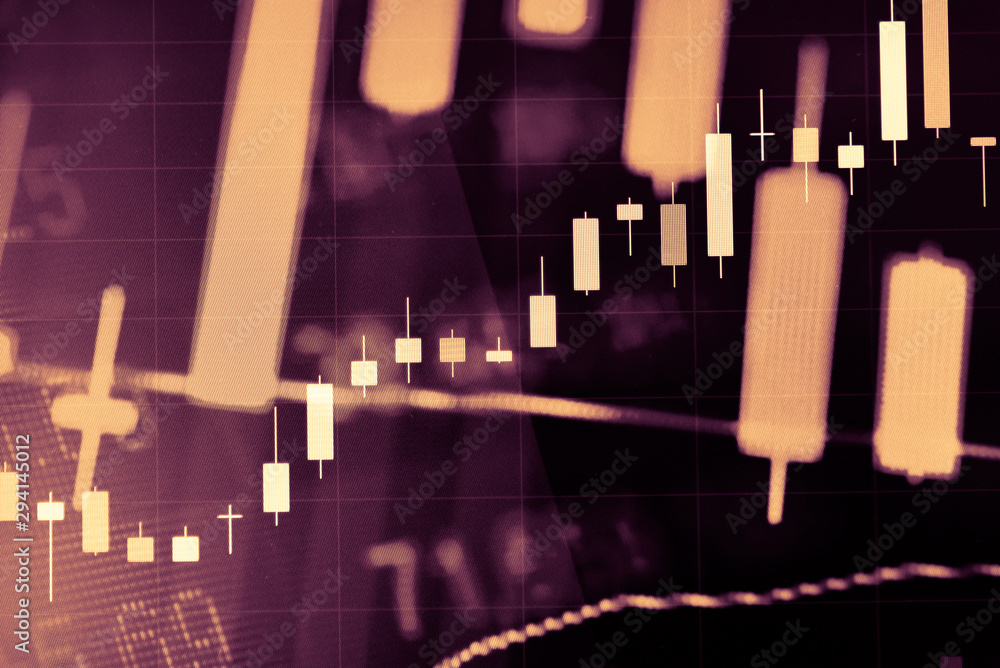 Poster charts of financial instruments with various type of indicators including volume analysis for profes