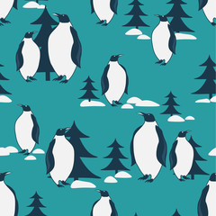 Colorful background with penguins, fir-trees, snow. Decorative cute backdrop vector. Sea birds, seamless pattern
