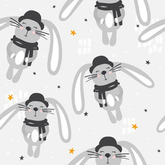 Bunnies in hats, hand drawn backdrop. Colorful seamless pattern with animals, stars. Decorative cute wallpaper, good for printing. Overlapping background vector. Design illustration, rabbits