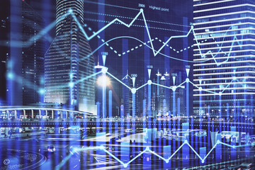 Financial chart on city scape with tall buildings background multi exposure. Analysis concept.