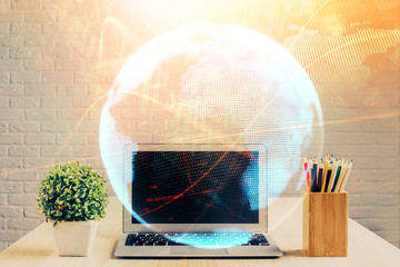 Double exposure of business theme icons and work space with computer background. Concept of success.