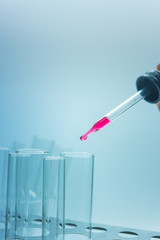 Science chemical tubes with colorful liquid. Medical laboratory research background. pharmacology and biotechnology concept. Copy space for texting.