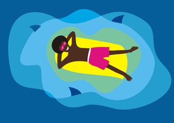 Black boy swims on a mattress among sharks
