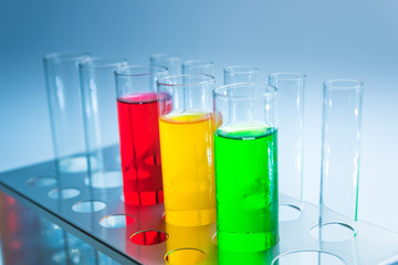 Science chemical tubes with colorful liquid. Medical laboratory research background. pharmacology and biotechnology concept. Copy space for texting.