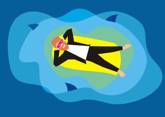 A man with a beard in a suit is resting on a mattress in the middle of the ocean.