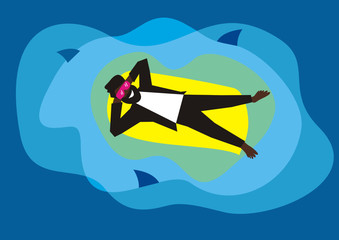 A man with a beard in a suit is resting on a mattress in the middle of the ocean.