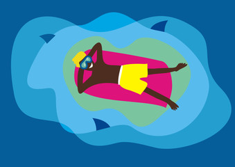 Sunburnt boy swims on a mattress among sharks