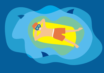 White boy swims on a mattress among sharks
