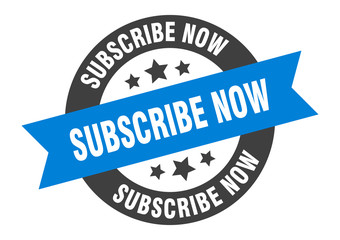 subscribe now sign. subscribe now blue-black round ribbon sticker