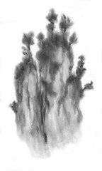 Background with mountains. Ink mountain landscape. Mountains in the fog. Trees on the mountain. Ink image. 