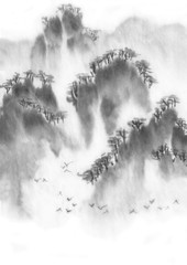 Background with mountains. Ink mountain landscape. Mountains in the fog. Trees on the mountain. Ink image. 