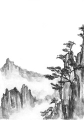 Fototapeta na wymiar Background with mountains. Ink mountain landscape. Mountains in the fog. Trees on the mountain. Ink image. 